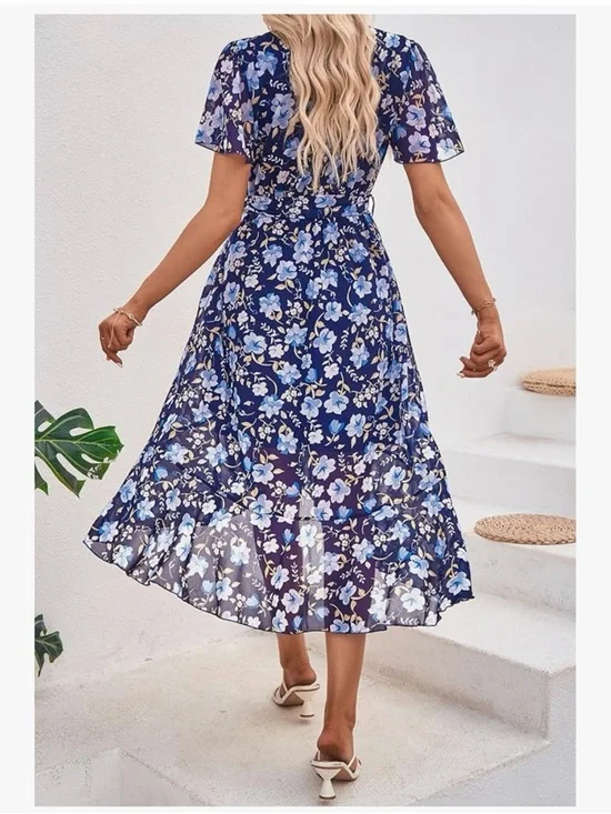 Blue Floral Wrap Midi Dress with Self-Tie Waist - Picture 3 of 8